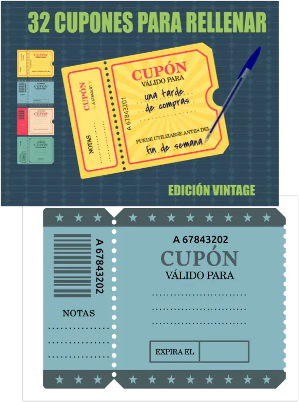 portada y dentro del libro 32 cupones para rellenar
