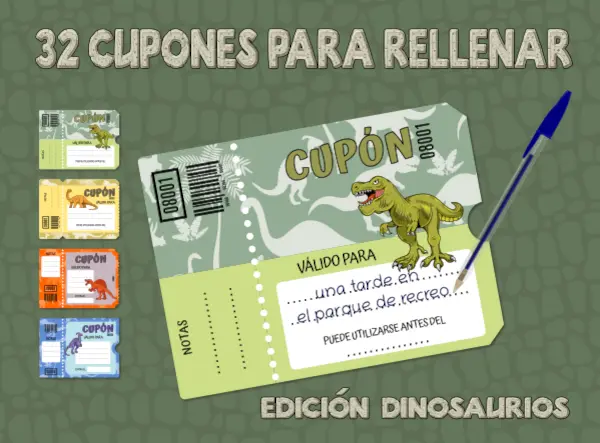 portada y dentro del libro cupones con dinosaurios