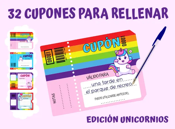 portada y dentro del libro cupones con unicornios