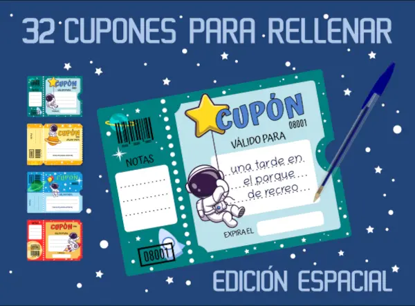 portada y dentro del libro cupones con astronautas