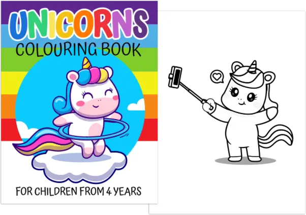 cover and inside of the book umicorns colouring book