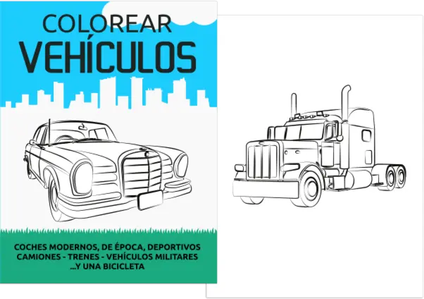 Portada y dentro del libro colorear vehículos